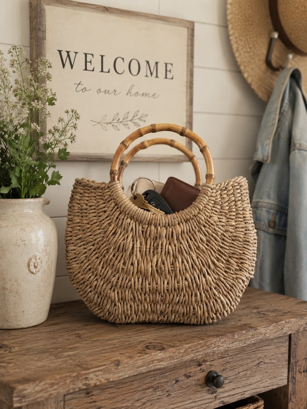 Faded Glory Neutral Woven Tote with Metal Snap - Picture 3 of 10